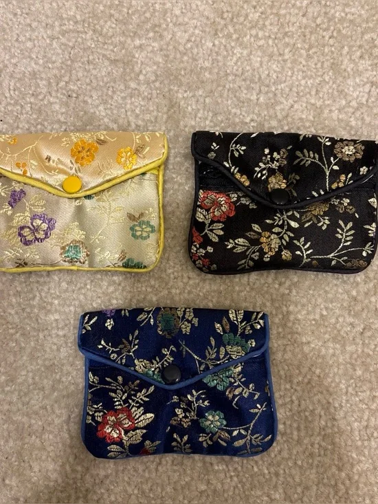 Asian Chinese Blue Black Gold Mini Pouch Bag Lot of 3 Floral Pattern Zip Button - Picture 1 of 12